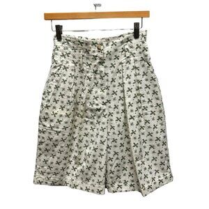 Kyoto Kasual Vintage 80's High Waist Pleated Front White & Green Floral Bermuda